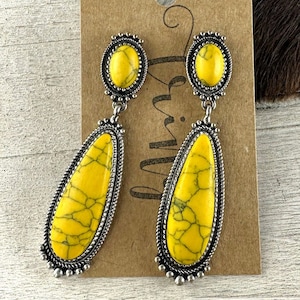 Western dangle earrings, mustard western stone earrings, yellow stone drop earrings, pierced earrings, burnished silver dangle earrings
