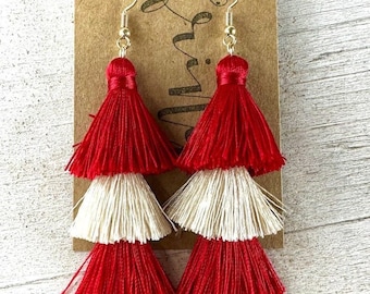 Red Game Day tassel earrings, Game Day tassel dangle earrings, school spirit earrings, tassel red team color earrings