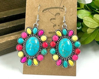 Western turquoise dangle earrings, western burnished silver drop earrings, western multi color stone teardrop earrings