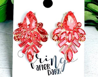 1.4" Coral orange rhinestone earrings, coral rhinestone prom earrings, coral evening earrings, dark coral pageant earrings