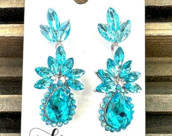 2.0" Aqua rhinestone earrings, aqua rhinestone pageant dangle earrings, aqua crystal prom earrings, dangle earrings