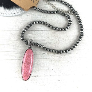 18&quot; Pink Navajo 6mm pearl pendant necklace, western bead necklace, silver tone pink pendant beads, western pink pendant necklace
