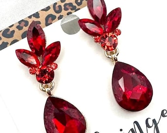 1.7” Red rhinestone dangle earrings, red crystal pageant earrings, red crystal dangle earrings, red rhinestone prom earrings