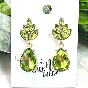 1.5" Green rhinestone earrings, olive green crystal pageant earrings, green rhinestone dangle earrings, green rhinestone prom earrings