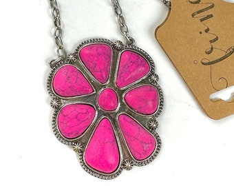 16" Fuchsia stone pendant necklace, pink oversized LARGE pendant necklace, burnished silver western concho necklace