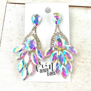 2.8&quot; AB gold crystal rhinestone earrings, AB crystal rhinestone pageant dangle earrings, AB evening crystal prom earrings, bridal earrings