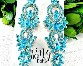 3" Aqua rhinestone earrings, aqua blue crystal pageant earrings, aqua crystal rhinestone earrings, aqua prom dangle earrings