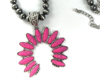 18" Hot pink squash blossom pendant necklace, Navajo pearl beaded pink pendant necklace, stone pendant statement necklace