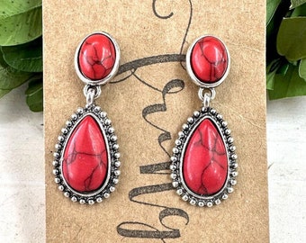 Western stone dangle earrings, red western earrings, red burnished silver earrings, red western earrings