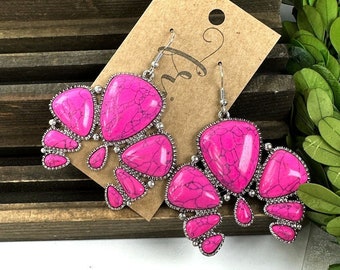 Fuchsia squash blossom earrings, big pink western dangle earrings, pink chunky western drop earrings, burnished silver statement earrings