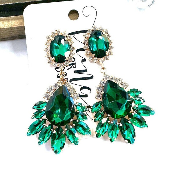 3.25" Emerald crystal prom earrings, emerald pageant earrings, emerald formal evening earrings, crystal rhinestone dangle earrings