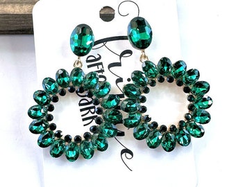 2.3" Emerald prom earrings, emerald pageant earrings, emerald rhinestone earrings, emerald crystal dangle hoop earrings