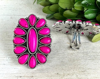 Western cuff ring, fuchsia stone western ring, pinkwestern fashion ring, burnished silver fuchsia statement ring, squash blossom ring