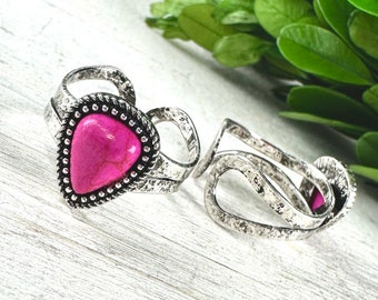 Fuchsia pink western cuff ring, fuchsia stone dainty western ring, teardrop stone cuff ring, burnished silver pink stone statement ring