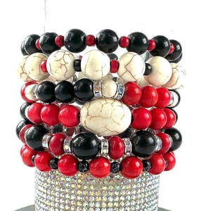 Red & black game day bracelets, boho bead stretch bracelet, team colors stackable bracelet, red and black team colors fan bracelets