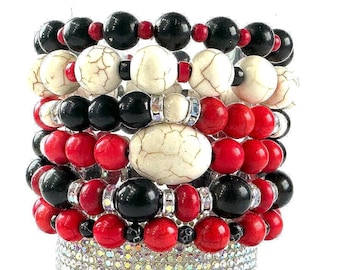 Red & black game day bracelets, boho bead stretch bracelet, team colors stackable bracelet, red and black team colors fan bracelets