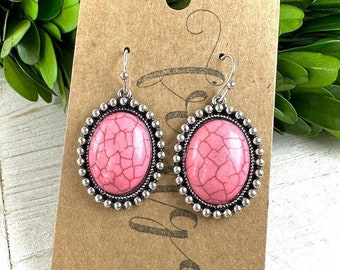 Pink stone western earrings, western oval stone dangle earrings, burnished silver drop earrings, western oval pink fashion earrings