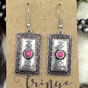 Western dangle earrings, fuchsia pink western concho dangle earrings, burnished silver rectangle drop earrings