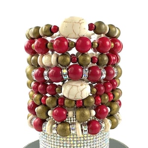 Red & gold game day bracelets, western bead bracelet, team colors bracelet stack, red and gold sports bracelet, stretch bracelet set
