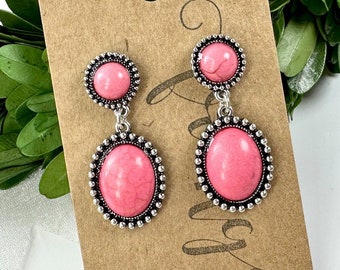 Pink western dangle earrings, western burnished silver drop earrings, western pink stone earrings, pink western oval stone earrings