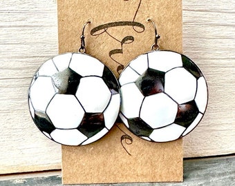 Soccer dangle earrings, soccer ball earrings, game day earrings, enamel pierced earrings