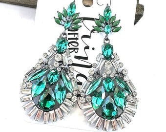 3" Emerald rhinestone earrings, emerald pageant earrings, emerald prom earrings, green rhinestone earrings, green crystal dangle earrings