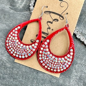 Red rhinestone BLING open metal teardrop earrings, red earrings, rhinestone earrings