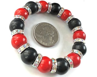 Chunky red & black bracelet, 12mm bead chunky bracelet, ranch style stackable bracelet, red game day bracelet
