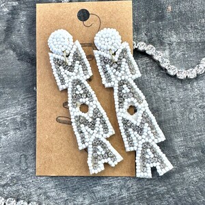 White MAMA  bead and rhinestone earrings, beaded earrings, seed bead earrings