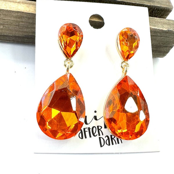 1.75" Orange crystal pageant earrings, orange rhinestone dangle earrings, prom earrings, crystal teardrop earrings, formal earrings
