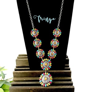 26&quot; Western concho multi color stone statement necklace & earrings set, western statement necklace