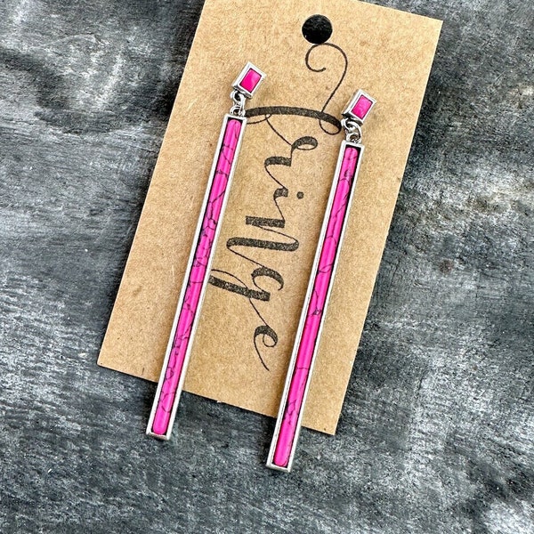 Fuchsia western stone bar earrings, western earrings, bar dangle earrings, pink stone dangle earrings