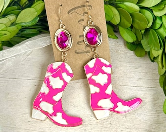 Pink bling boot earrings, cow print boot dangle earrings, long western boot earrings, cowgirl boots earrings