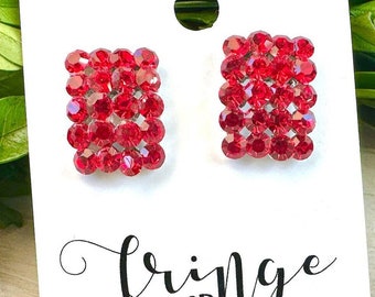 0.750" Red crystal stud earrings, genuine crystal prom earrings, red crystal pageant earrings, rectangle crystal earrings