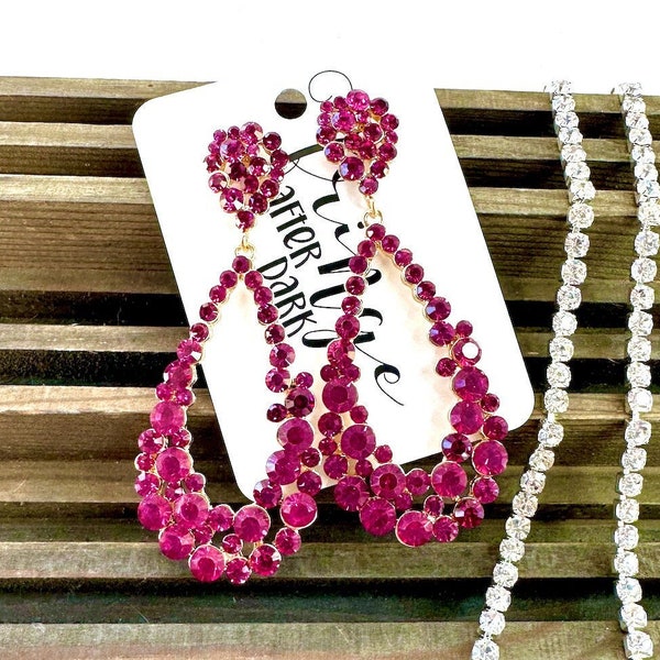 3.75" Fuchsia rhinestone earrings, fuchsia pageant dangle earrings, fuchsia prom earrings, large crystal fuchsia earrings