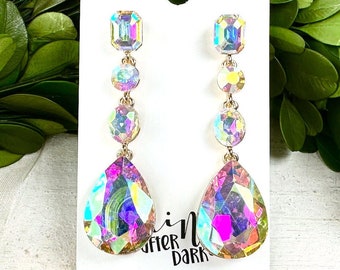 2.5" AB gold rhinestone dangle earrings, AB crystal pageant earrings, AB crystal rhinestone pageant earrings, crystal prom drop earrings