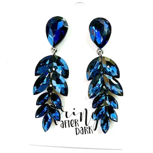 2.5&quot; Navy stone dangle earrings, navy blue prom earrings, navy evening earrings, navy rhinestone earrings, navy pageant earrings
