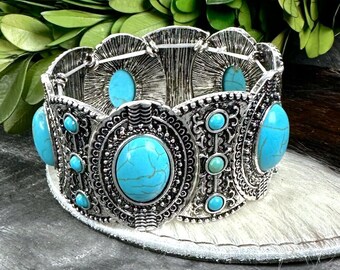 Western turquoise stretch statement bracelet, turquoise blue western stretch bracelet, burnished silver bracelet