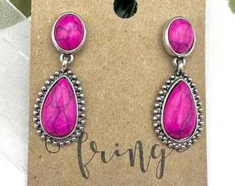 Fuchsia Stone Dangle Earrings: Burnished Silver Western Style