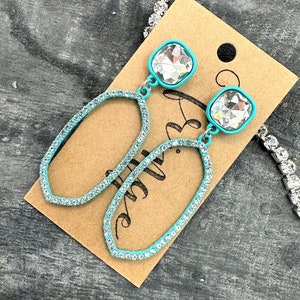 Turquoise rhinestone BLING open metal drop earrings, rhinestone earrings, statement earrings
