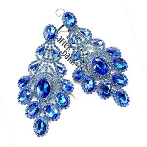 4.25&quot; Light blue rhinestone pageant earrings, light blue rhinestone earrings, light blue prom earrings, blue crystal statement earrings