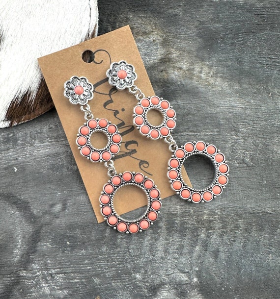 Coral Western Stone Dangle Earrings Western Earrings Coral Stone Earrings Etsy