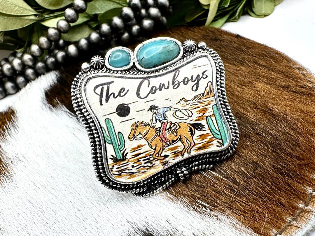 Cowboy Retro Print Chunky Stretch Ring, Vintage Style Western Turquoise ...