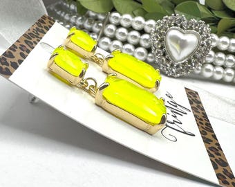 Neon Yellow Crystal Dangle Earrings, Rectangle Stone Neon