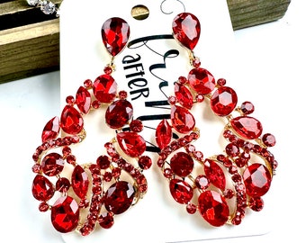 2.8" Red crystal dangle earrings, red prom earrings, red rhinestone earrings, red pageant teardrop earrings, red crystal statement earrings