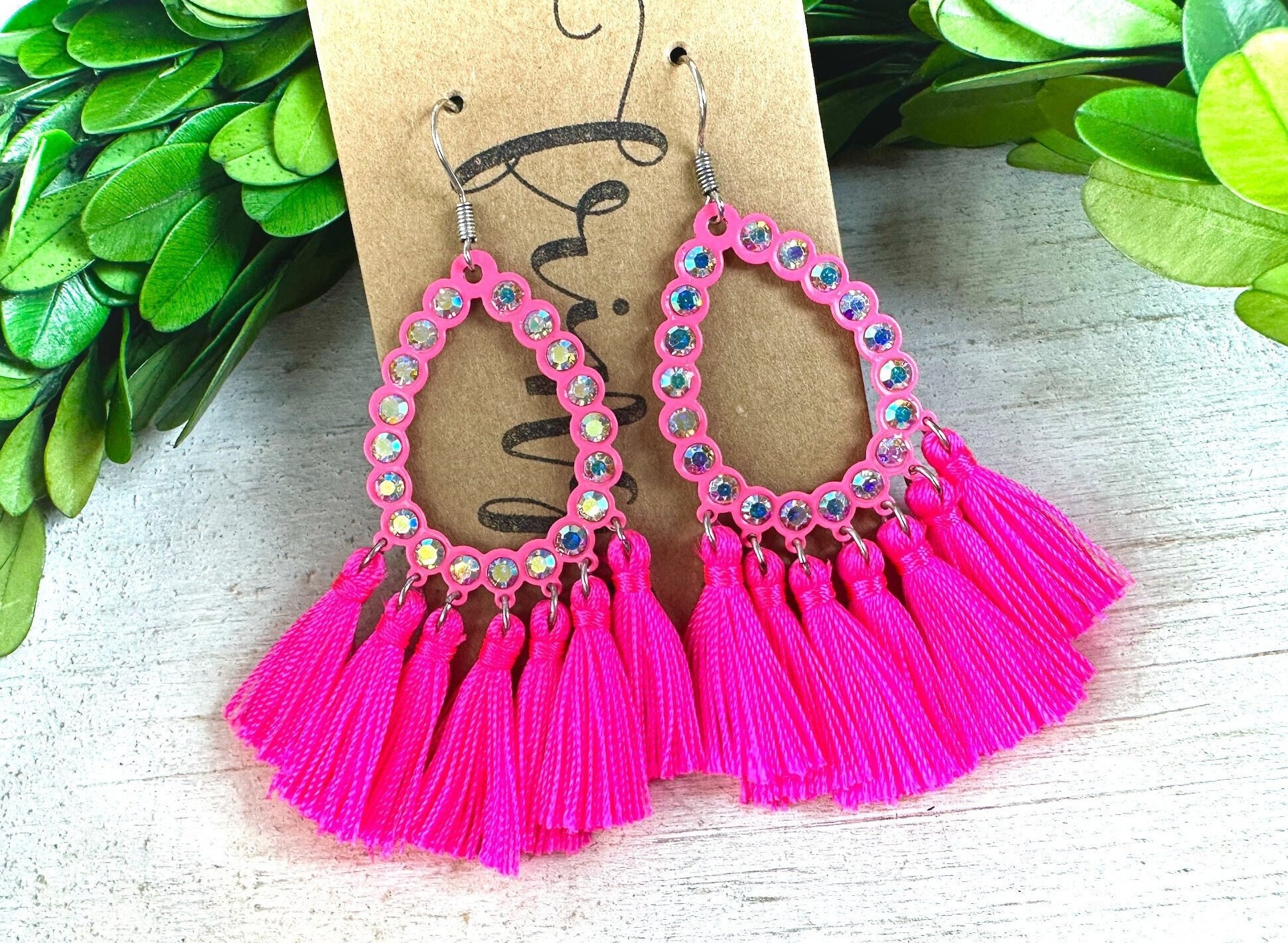 Neon pink tassel earrings discount