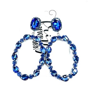 2.80&quot; Light blue oval rhinestone hoop earrings, light blue pageant earrings, light blue prom earrings, light blue rhinestone dangle earrings