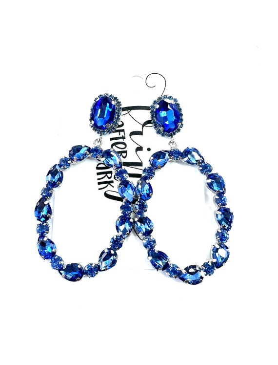 Light Blue Oval Rhinestone Hoop Earrings, Light Blue Pageant