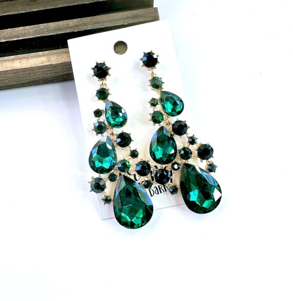 Prom Earrings Emerald Green Pageant Earrings Emerald Crystal