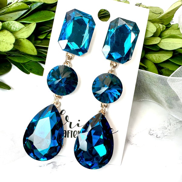 3.15" Blue zircon rhinestone prom earrings, blue pageant earrings, blue zircon crystal rhinestone earrings, blue teardrop dangle earrings